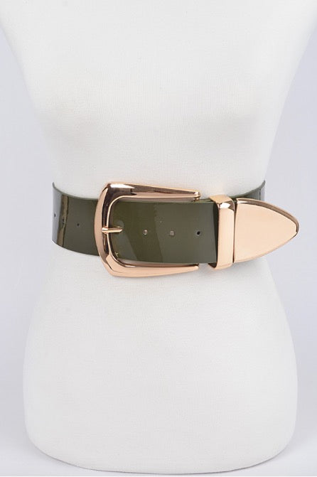 Faux Patent Leather Belt- Olive